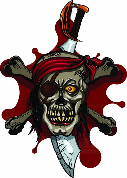 Cráneo Pirata Diadema Roja Con Espadas Cruzadas Sobre Mancha Sangre — Vector de stock