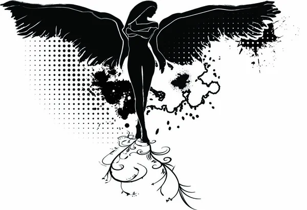 Vektorová Ilustrace Dívky Křídly Grunge Styl Květinovými Prvky — Stockový vektor