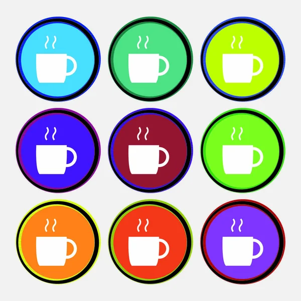 Koffiepictogram Negen Multi Gekleurde Ronde Knoppen Vectorillustratie — Stockvector
