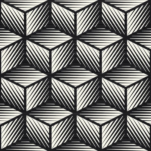 Vector Seamless Black White Cube Shape Lines Engravement Geometric Pattern — Stockvektor