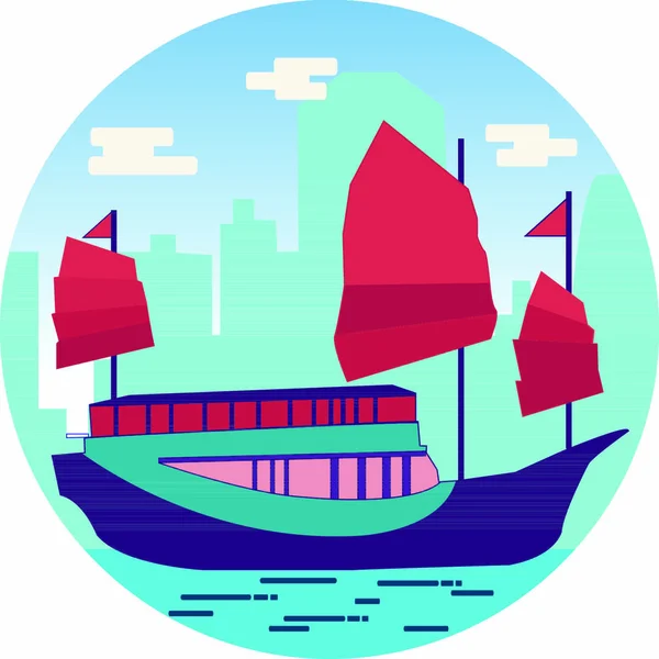 Port Hong Kong Avec Jonque Touristique Illustration Vectorielle Plate Sur — Image vectorielle