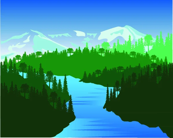 森林和雪山中的河流景观 — 图库矢量图片