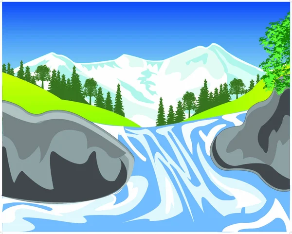 Hermoso Paisaje Montaña Con Cascada Ilustración Vectorial — Vector de stock