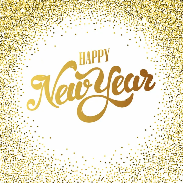 Feliz Ano Novo Ouro Glitter Letras Com Moldura Pontos Dourados — Vetor de Stock