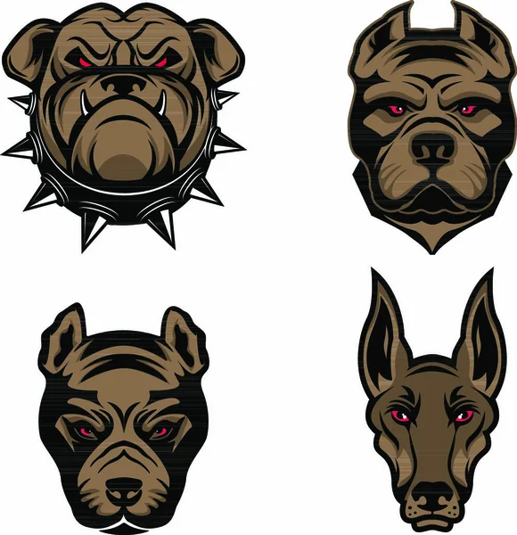 Set Cabezas Perro Aisladas Sobre Fondo Blanco Pitbull Doberman Bulldog — Vector de stock