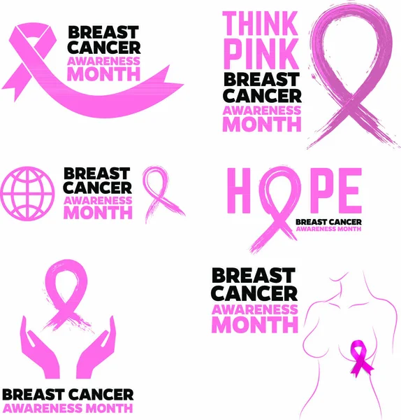 Conciencia Del Cáncer Mama Mes Emblemas Insignias Elementos Diseño Cinta — Vector de stock