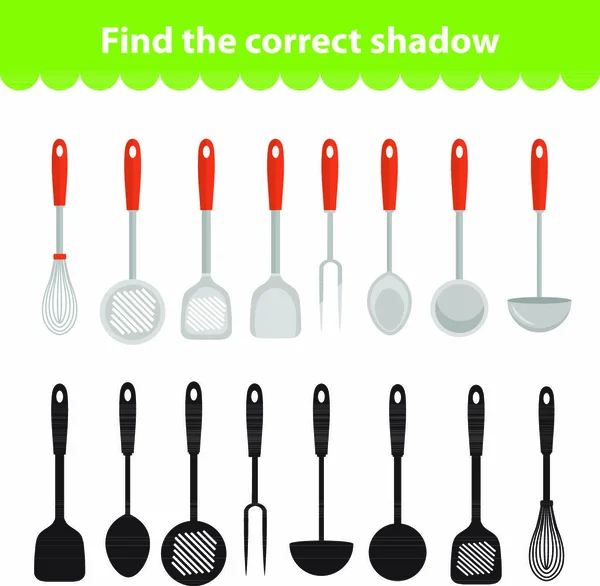 Gioco Educativo Bambini Trovare Corretta Silhouette Ombra Utensili Cucina Impostare — Vettoriale Stock