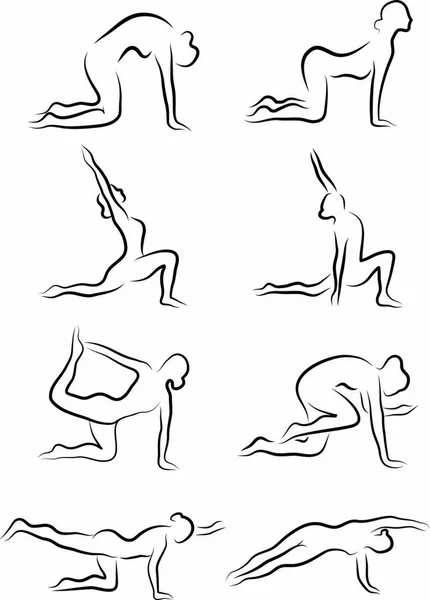 Conjunto Bocetos Siluetas Asanas Yoga Chica Dedica Yoga Ilustración Vectorial — Archivo Imágenes Vectoriales