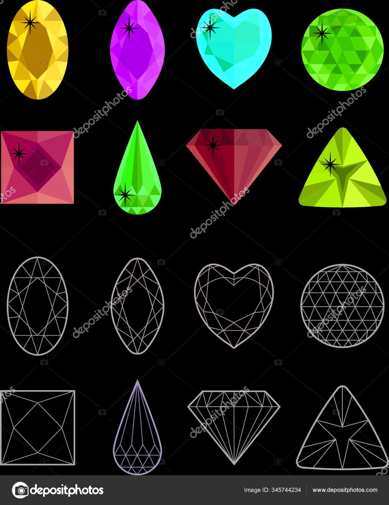 宝石和切割线设置晶体的不同方面在白色背景上孤立的珠宝收藏钻石切割现实的卡通风格矢量图解剪贴画图库矢量图©YAYImages 345744234, image size:1310x1700