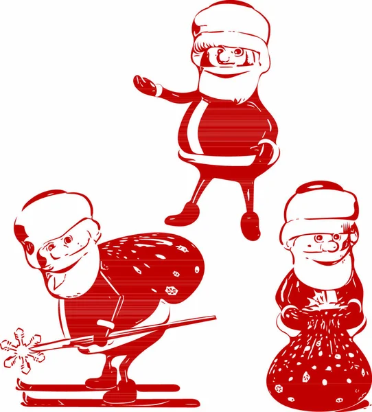 Ilustração Três Papai Noel Vermelho Várias Posições — Vetor de Stock