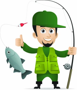 Illustration, concept cheerful fisherman holds fishing rod, format EPS 10 clipart