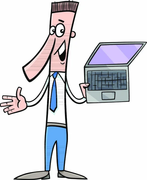 ノートやノートパソコンでプレゼンテーションを行う男の漫画のイラスト — ストックベクタ