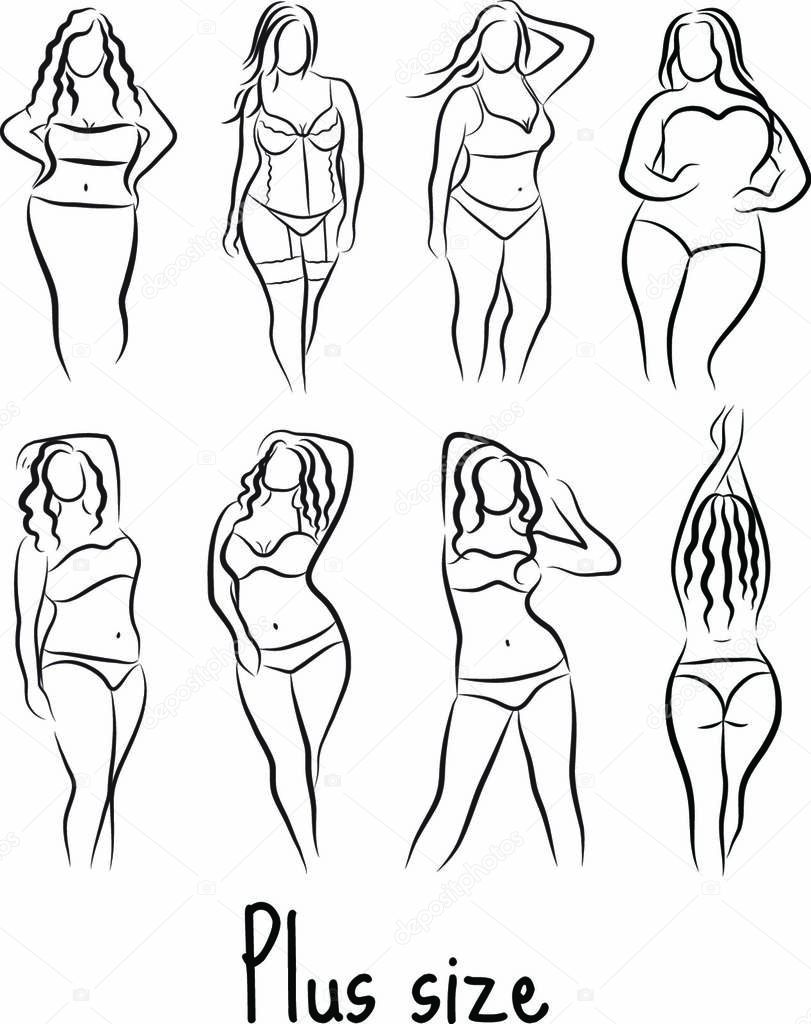 Set Girl silhouette sketch plus size model. Curvy woman symbol. Vector illustration