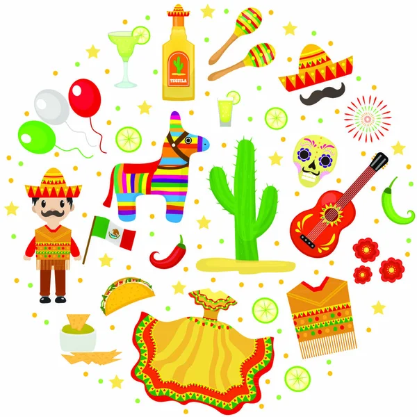 Celebración Del Cinco Mayo México Iconos Engarzados Forma Redonda Elemento — Archivo Imágenes Vectoriales