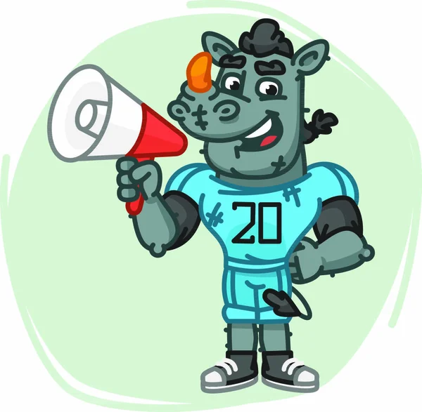 Nashorn-Fußballspieler spricht ins Megafon. Vektorillustration. Maskottchen-Charakter. — Stockillustration Nashorn Fußballspieler Spricht Ins Megafon Vektorillustration Maskottchen Charakter — Stockvektor