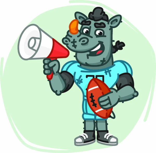 Nashorn-Fußballspieler spricht ins Megaphon und hält Ball. Vektorillustration. Maskottchen-Charakter. — Stockillustration Nashorn Fußballspieler Spricht Ins Megaphon Und Hält Ball Vektorillustration Maskottchen — Stockvektor