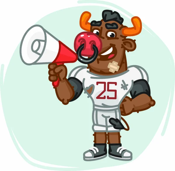 Bulle Fußballspieler spricht ins Megafon. Vektorillustration. Maskottchen-Charakter. — Stockillustration Bulle Fußballspieler Spricht Ins Megafon Vektorillustration Maskottchen Charakter — Stockvektor