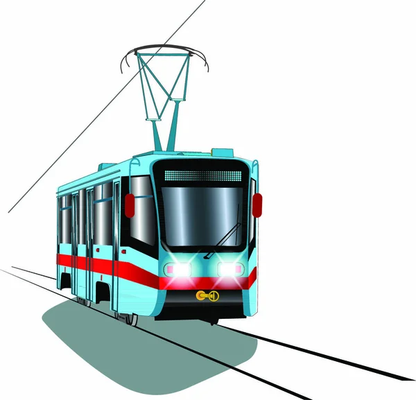 Tram Blu Con Striscia Rossa Illustrazione Vettoriale — Vettoriale Stock