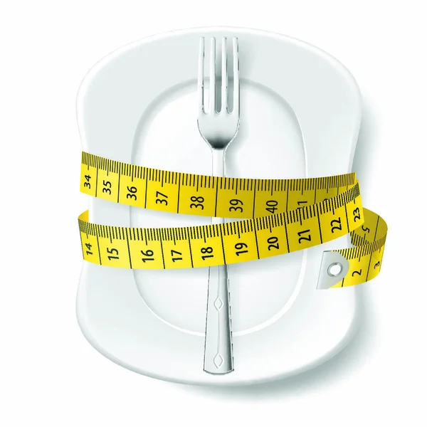Καθαρό Πιάτο Μέτρηση Ταινία Και Πιρούνι Έννοια Διατροφής Εικονογράφηση Λευκό — Διανυσματικό Αρχείο