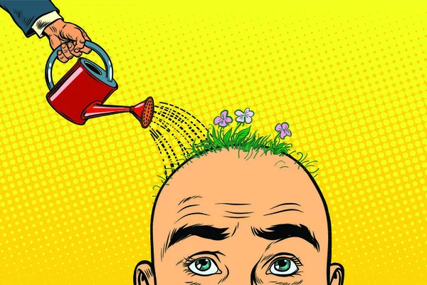 Auf Dem Kopf Eines Glatzköpfigen Mannes Wachsen Blumen Gießkanne Gießt — Stockvektor