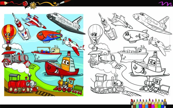 Ilustración Dibujos Animados Los Personajes Del Vehículo Transporte Grupo Página — Archivo Imágenes Vectoriales