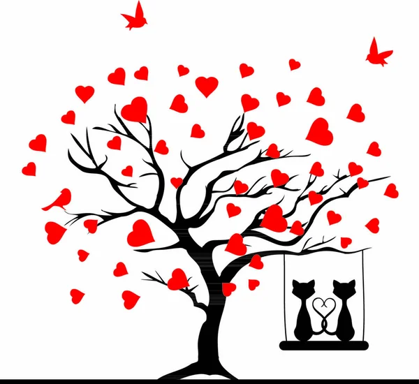 Vector Ilustración Árbol San Valentín Con Corazones Rojos Pájaros Rojos — Vector de stock