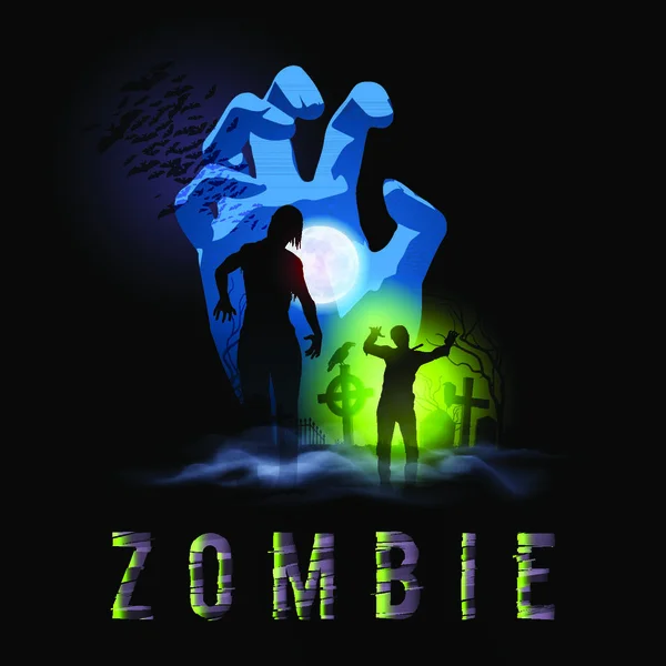 Silhouettes Marche Zombie Hors Tombe Illustration Pour Halloween Affiche — Image vectorielle