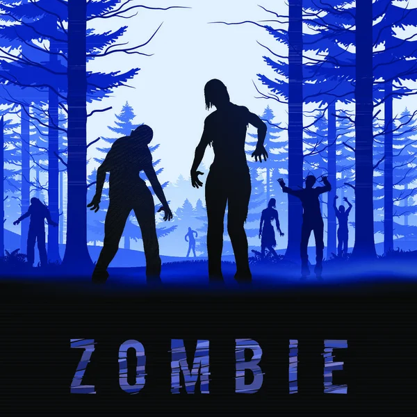 Zombie Qui Sort Forêt Matin Illustration Silhouettes Pour Halloween Affiche — Image vectorielle