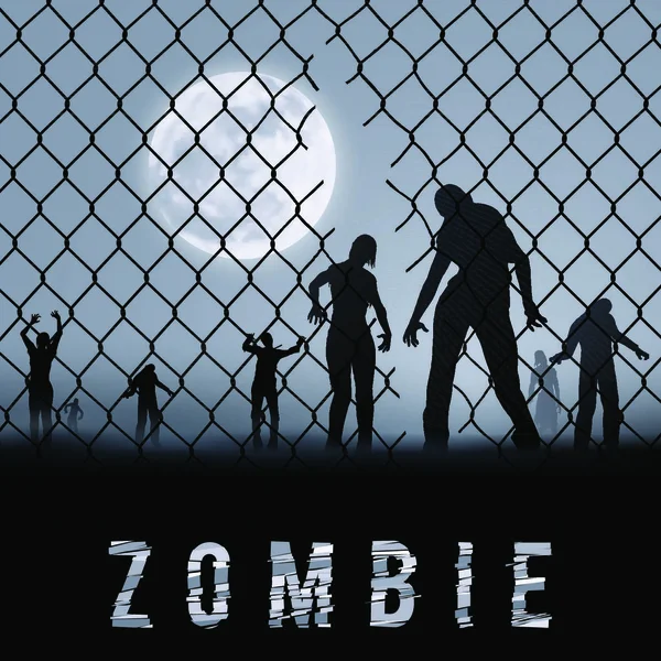 Zombie Walking Night Silhuetas Ilustração Para Cartaz Halloween —  Vetores de Stock