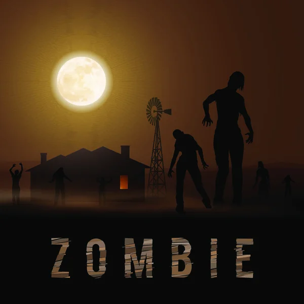 Zombie Wychodzi Domu Sylwetki Ilustracja Plakatu Halloween — Wektor stockowy