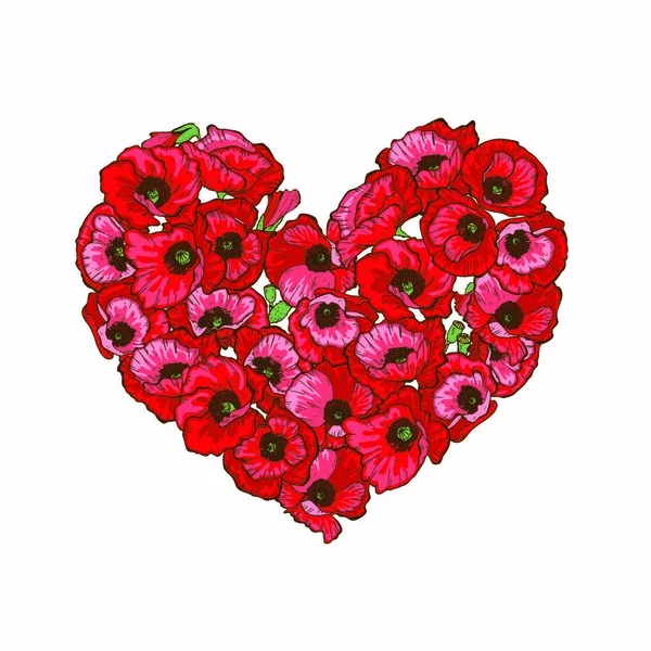 Coração Flores Papoula Vermelhas Isoladas Fundo Branco Vetor — Vetor de Stock