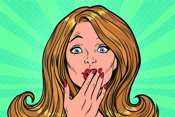 Mooie Vrouwelijke Emotionele Reactie Angst Verrassing Pop Art Retro Stripverhaal — Stockvector