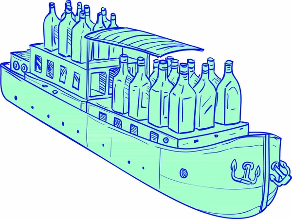 Ілюстрація Gin Bottles Плоскій Пляшці Barge Boat Встановлена Ізольованому Фоні — стоковий вектор