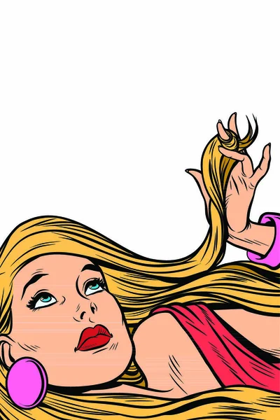 Beautiful blonde lies. Pop art retro comic book vector illustration — Stock Illustration Beautiful Blonde Lies Pop Art Retro Comic Book Vector Illustration Stock Vector