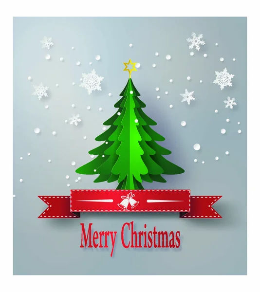 Joyeux Noël Carte Voeux Avec Origami Fait Arbre Noël Flocons — Image vectorielle