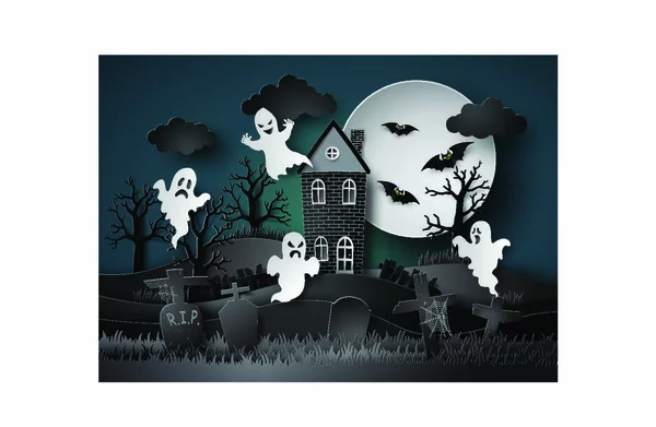 Festa Halloween Con Fantasma Cimitero Fullmoon Paper Art Stlye — Vettoriale Stock