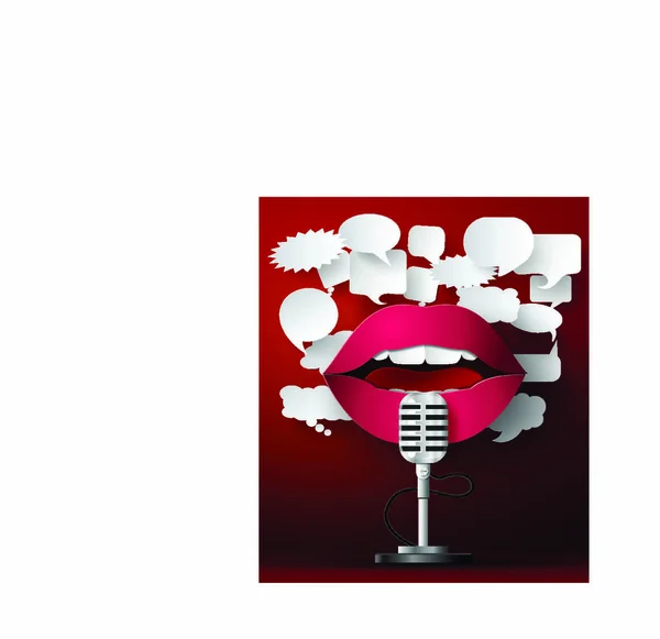 Lippen Sprechen Mit Mikrofon Und Sprechblase — Stockvektor