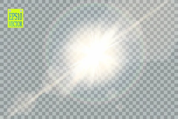 ベクトル透明太陽光特殊レンズフレアライト効果 透明な背景に光線とスポットライトで太陽のフラッシュ — ストックベクタ