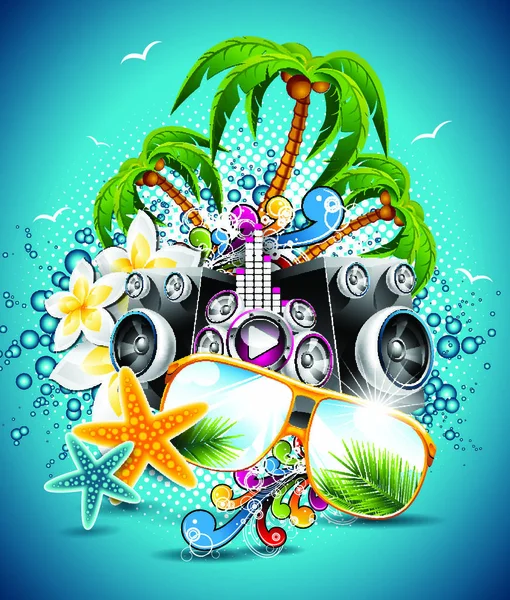 Vector Summer Beach Party Flyer Σχεδιασμός Ντίσκο Μπάλα Και Φτερά — Διανυσματικό Αρχείο