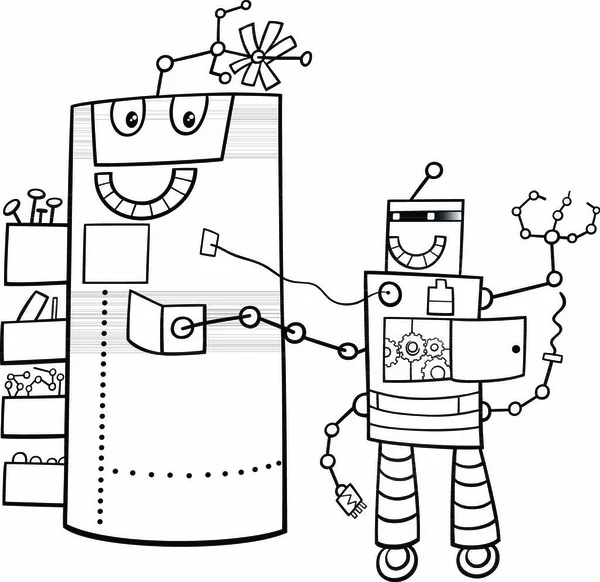 Fekete Fehér Rajzfilm Illusztrációja Vicces Robotok Sci Képregény Karakter Színező — Stock Vector