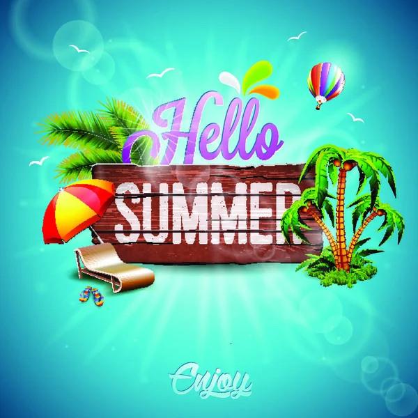 Vector Hello Summer Holiday Ilustrație Tipografică Plante Tropicale Balon Flori — Vector de stoc