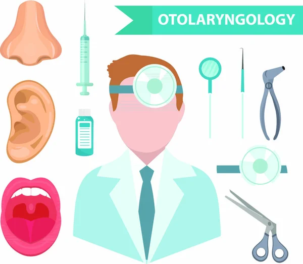 Otolaryngology Icon Set Flat Style Doctor Treating Ear Throat Nose — Stock Vector