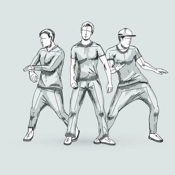 Drei Sketch Tanzende Männer Verschiedenen Posen Auf Der Tanzfläche — Stockvektor
