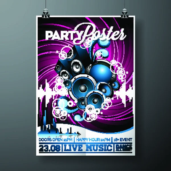 Vector Party Flyer Design Grunge Arka Planında Müzik Elemanları Ile — Stok Vektör