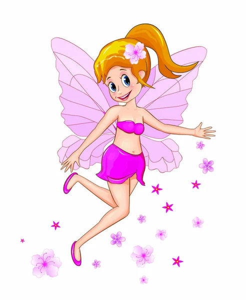 Cartoon Fairy Pink Clothes White Background Flying Fairy Flowers — Stock Vector