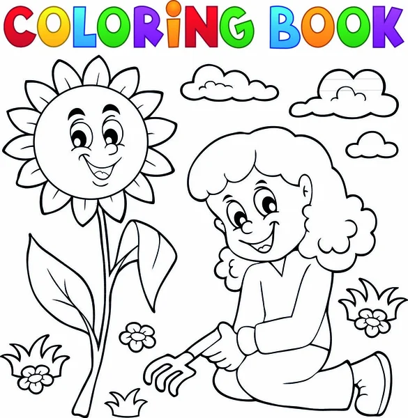 Colorir Livro Menina Jardinagem Tema Eps10 Ilustração Vetorial — Vetor de Stock
