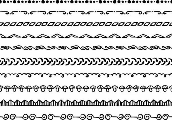 Набор Десяти Иллюстрированных Декоративных Бесшовных Границ Черных Элементов Ручной Работы — стоковый вектор