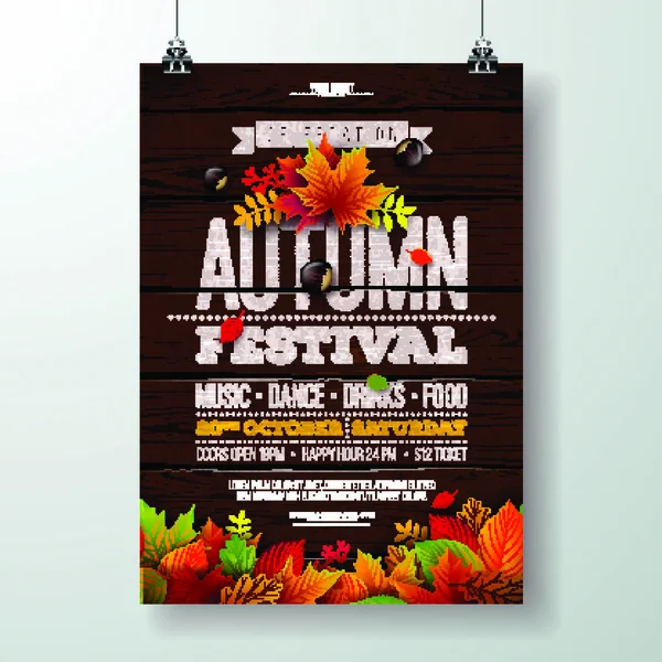 Autumn Party Flyer Illustrazione Con Foglie Cadenti Disegno Tipografico Fondo — Vettoriale Stock