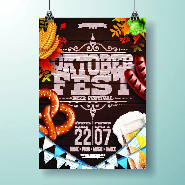 Oktoberfest Partito Poster Vettoriale Illustrazione Con Lettera Tipografia Birra Fresca — Vettoriale Stock