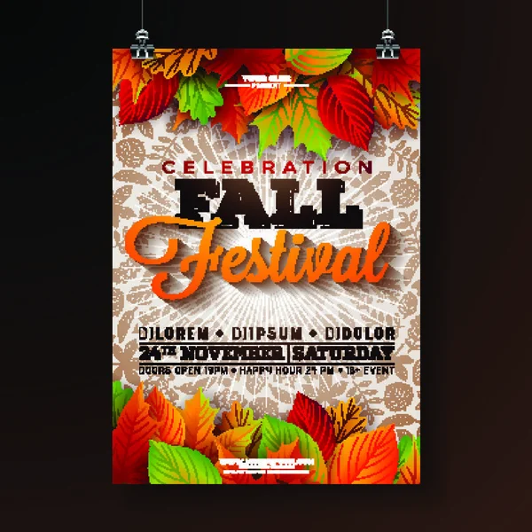 Autumn Party Flyer Illustrazione Con Foglie Cadenti Disegno Tipografico Sfondo — Vettoriale Stock